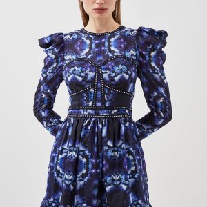 WWXT1290 Silk Cotton Border Print Woven Mini Dress