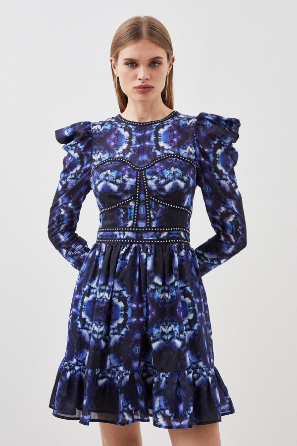 WWXT1290 Silk Cotton Border Print Woven Mini Dress