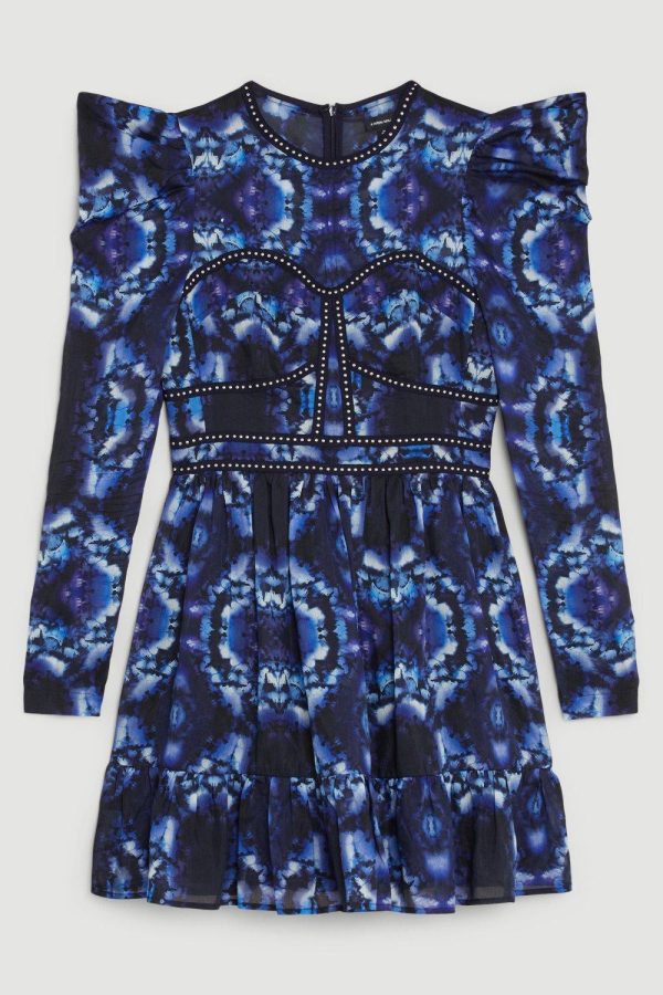 WWXT1290 Silk Cotton Border Print Woven Mini Dress - Image 4