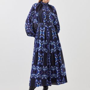 WWXT1289 Silk Cotton Border Print Woven Midi Dress