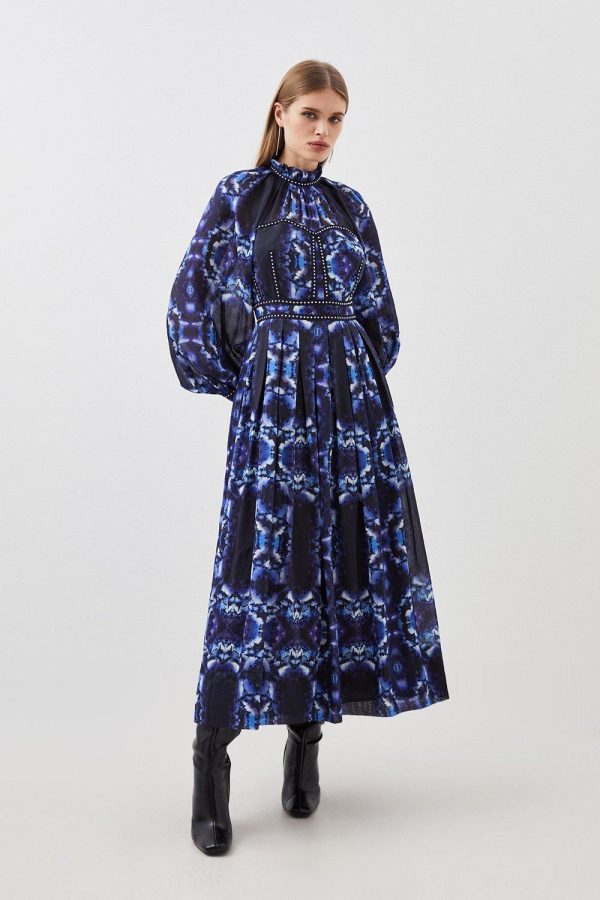 WWXT1289 Silk Cotton Border Print Woven Midi Dress
