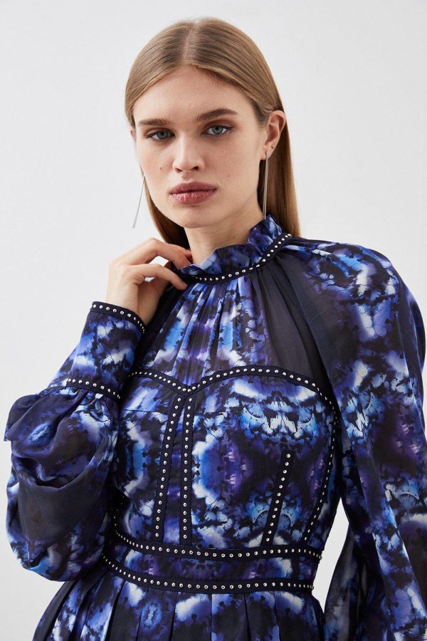WWXT1289 Silk Cotton Border Print Woven Midi Dress - Image 2