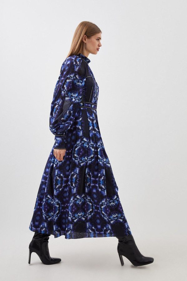 WWXT1289 Silk Cotton Border Print Woven Midi Dress - Image 3