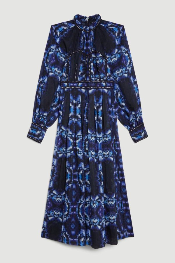 WWXT1289 Silk Cotton Border Print Woven Midi Dress - Image 4
