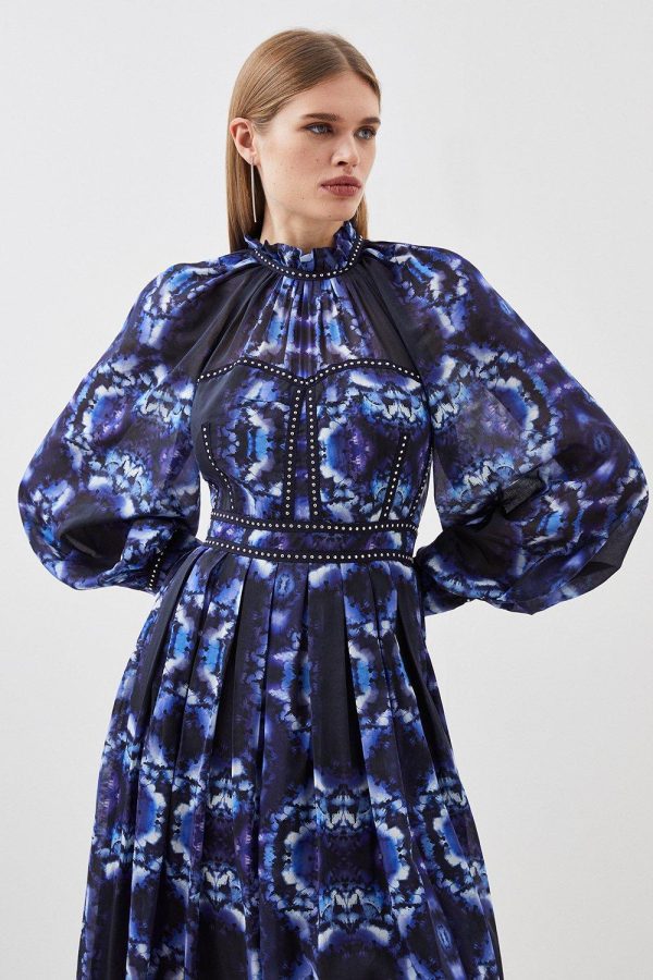 WWXT1289 Silk Cotton Border Print Woven Midi Dress - Image 5
