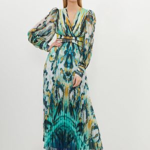 WWXT1286 Abstract Ombre Pleated Woven Midaxi Dress
