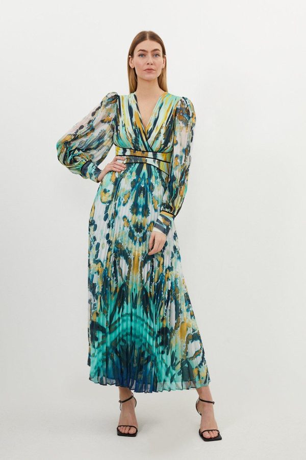 WWXT1286 Abstract Ombre Pleated Woven Midaxi Dress