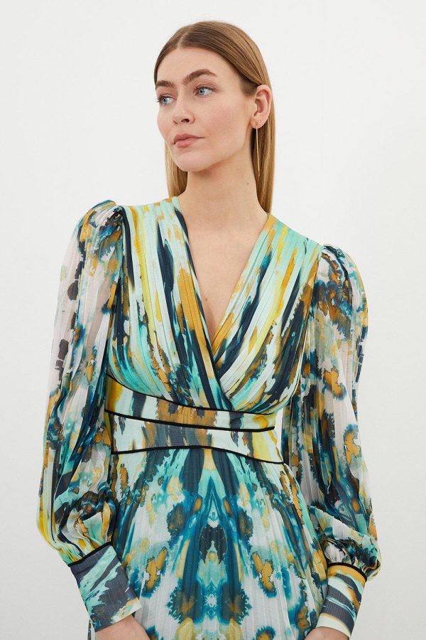 WWXT1286 Abstract Ombre Pleated Woven Midaxi Dress - Image 2