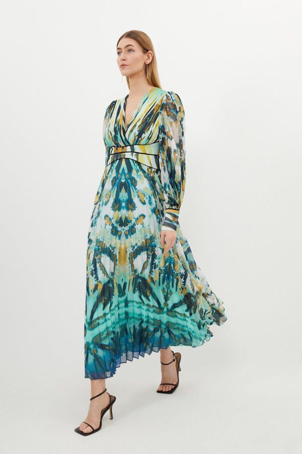 WWXT1286 Abstract Ombre Pleated Woven Midaxi Dress - Image 3