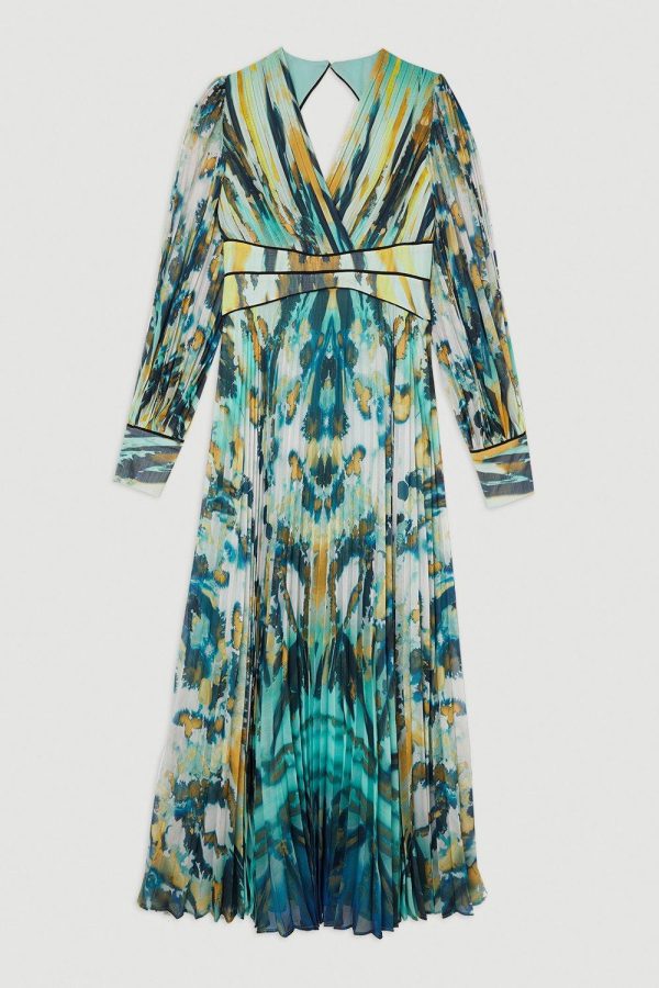 WWXT1286 Abstract Ombre Pleated Woven Midaxi Dress - Image 4
