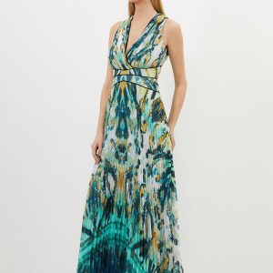 WWXT1284 Abstract Ombre Pleated Sleeveless Midaxi Dress