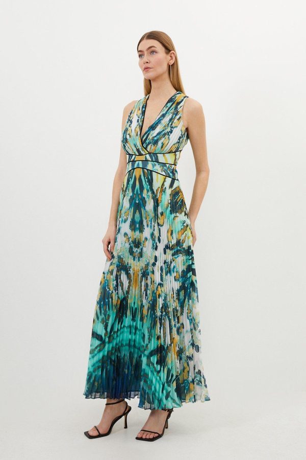 WWXT1284 Abstract Ombre Pleated Sleeveless Midaxi Dress