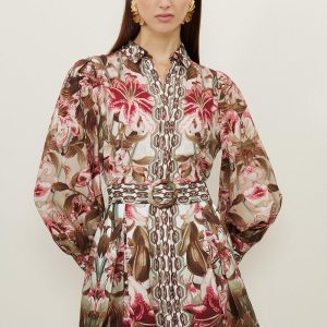 WWXT1287 Linen Border Print Floral Woven Short Dress