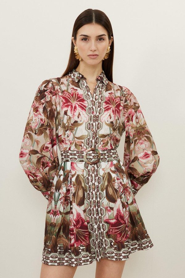 WWXT1287 Linen Border Print Floral Woven Short Dress