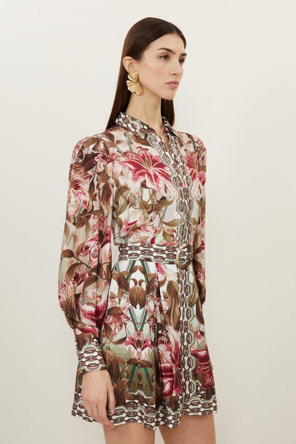 WWXT1287 Linen Border Print Floral Woven Short Dress - Image 3