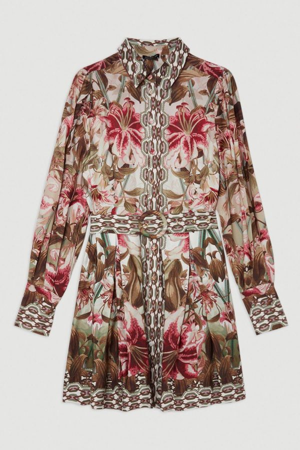 WWXT1287 Linen Border Print Floral Woven Short Dress - Image 4