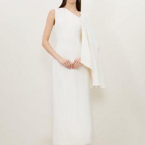 WWXT1291 Fluid Tailored Asymmetric One Shoulder Drape Maxi Dress