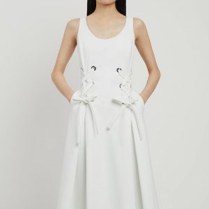 WWXT1292 Compact Stretch Eyelet Detailed Ribbon Midi Dress