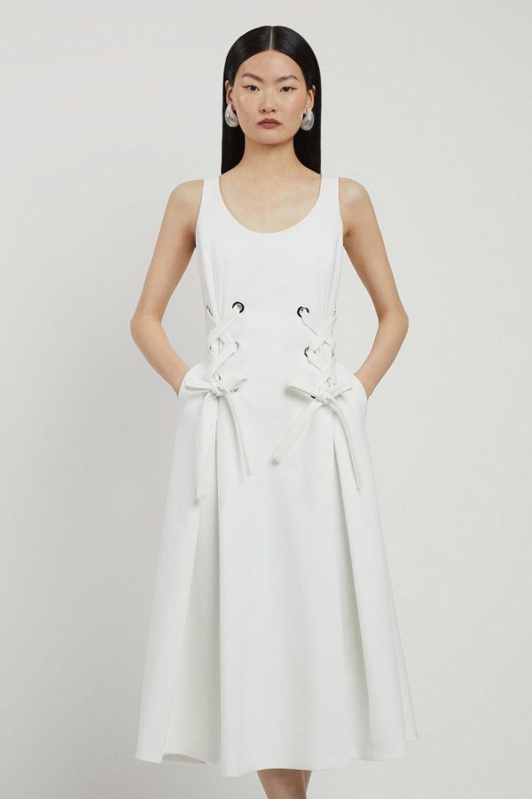WWXT1292 Compact Stretch Eyelet Detailed Ribbon Midi Dress