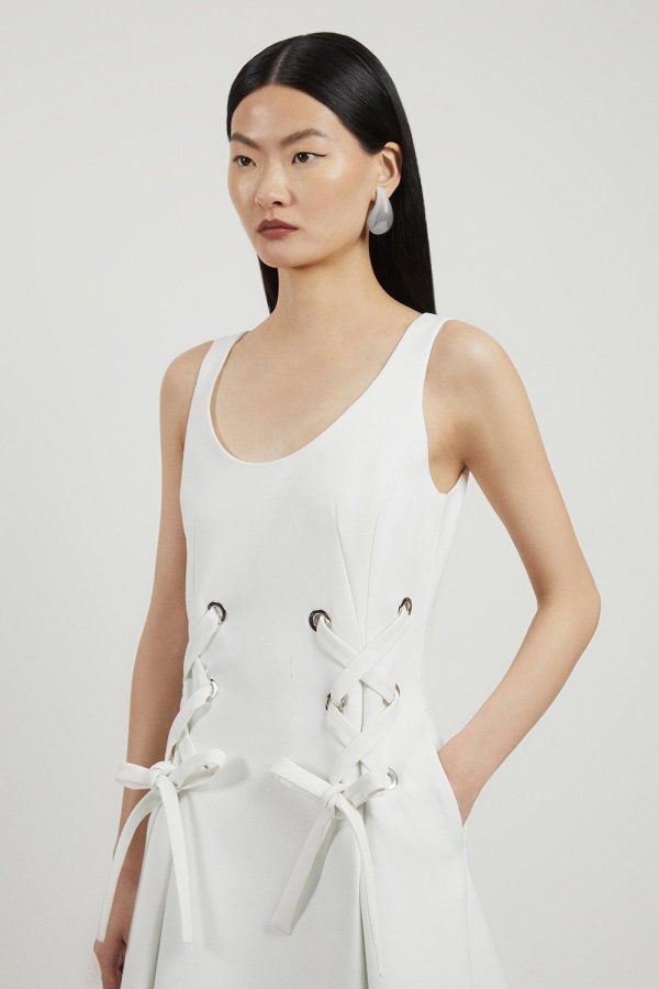 WWXT1292 Compact Stretch Eyelet Detailed Ribbon Midi Dress - Image 2