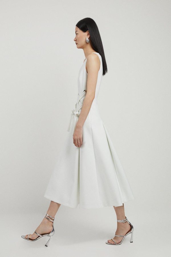 WWXT1292 Compact Stretch Eyelet Detailed Ribbon Midi Dress - Image 3