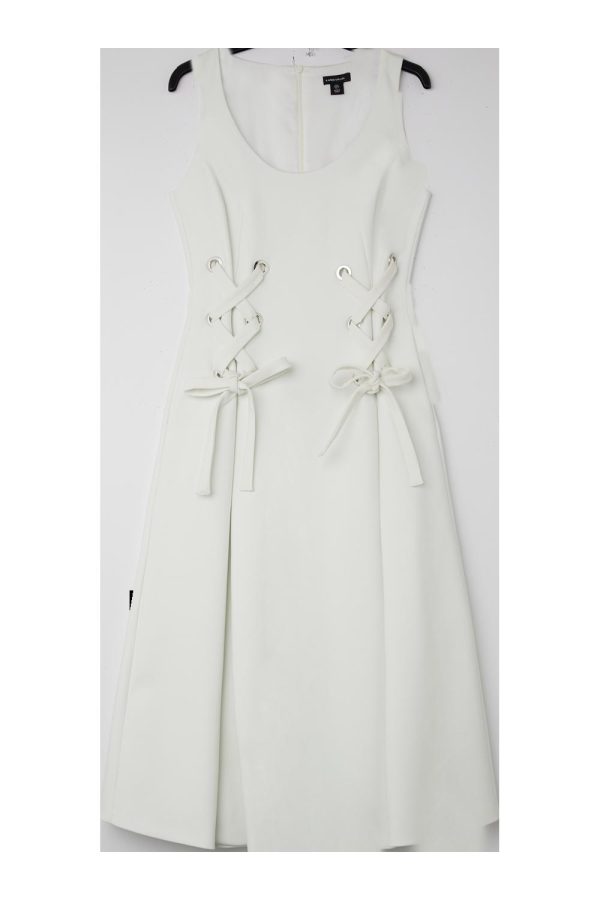 WWXT1292 Compact Stretch Eyelet Detailed Ribbon Midi Dress - Image 4