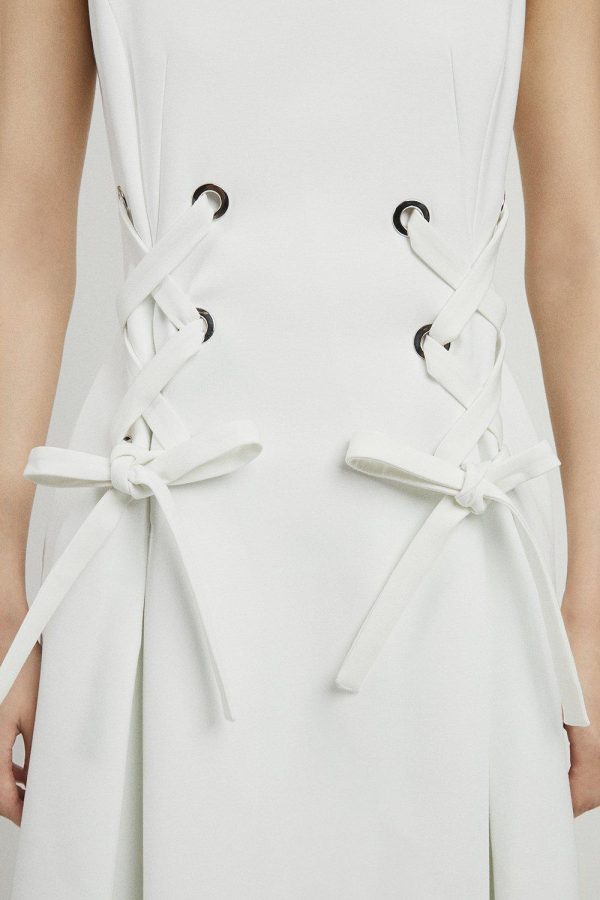WWXT1292 Compact Stretch Eyelet Detailed Ribbon Midi Dress - Image 5